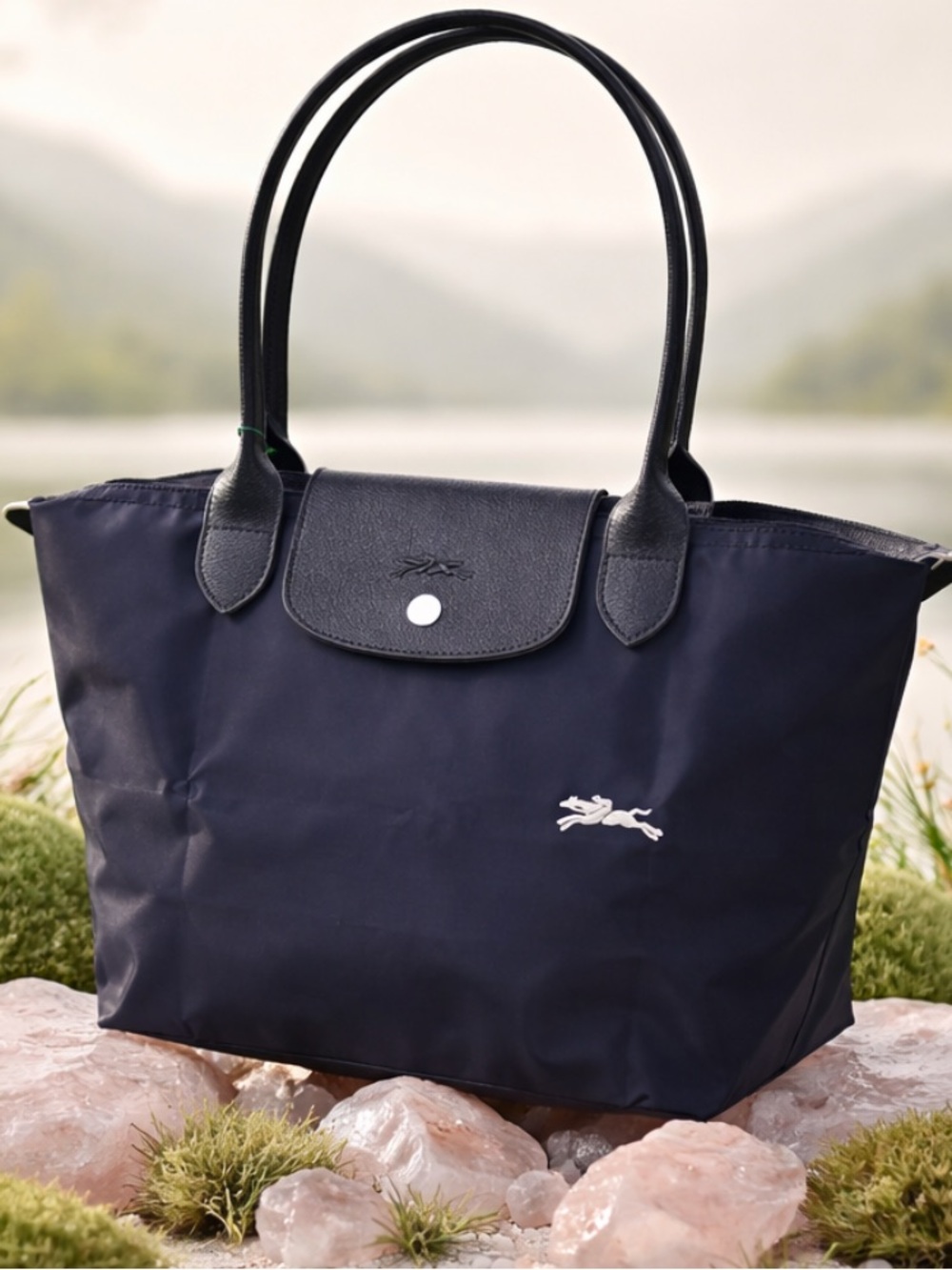 NWT Longchamp 70 Anniversary Le Pliage Navy Tote Bag Black Leather Trim.